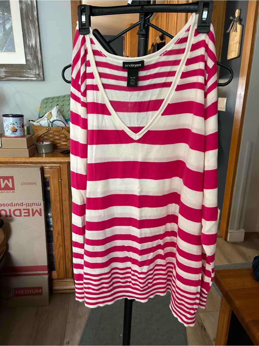 Lane Bryant Hot Pink and White Striped V-Neck Knit Sweater